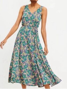 LOFT Floral Godet Double V Midi Dress Colorful Flowy - size S